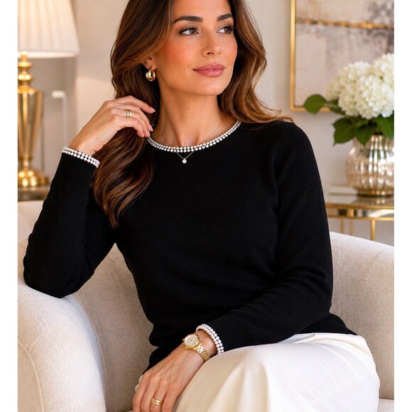 Charter Club Sweaters - Charter Club 100% Cashmere Sweater Women L Black Pearl Trim Long Sleeve
